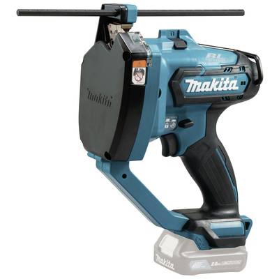 Makita cable tie tool in blue, with a black handle and logo. Battery-powered model, suitable for industrial applications.