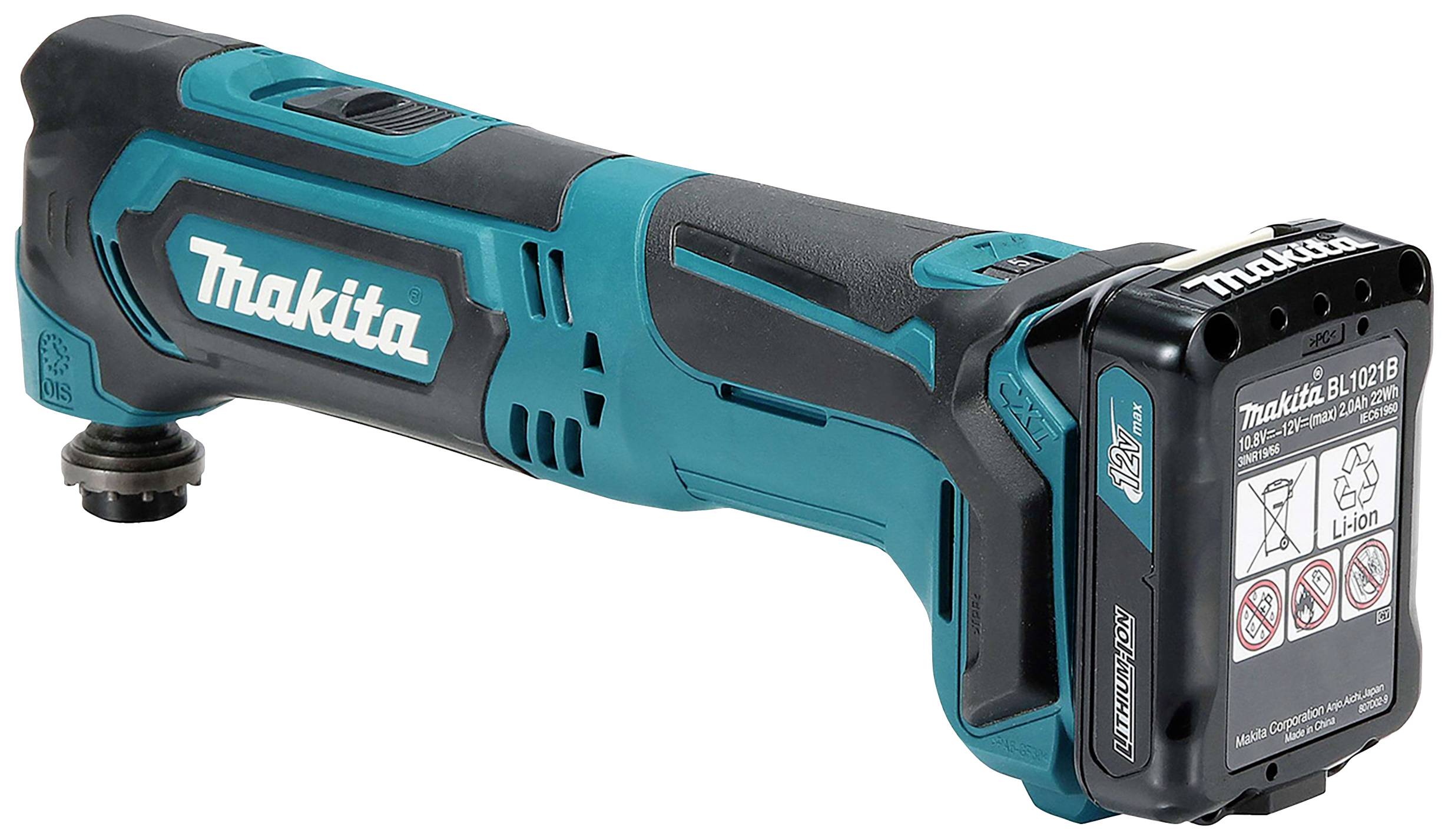 A navy-black cordless electric tool by Makita with battery, used for versatile craftwork and projects.