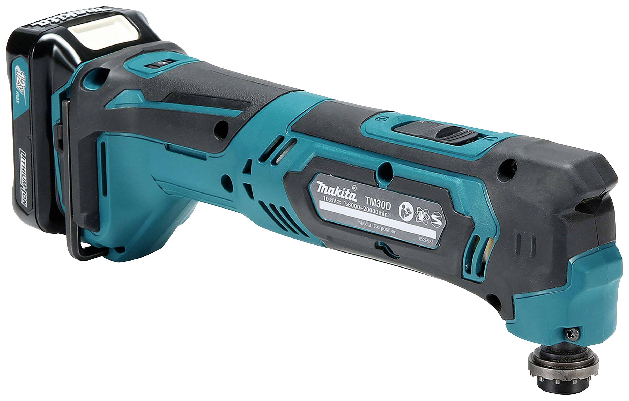 Cordless multi-function tool in turquoise and black with an ergonomic handle and rounded head, suitable for versatile tasks.