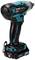 Impact driver viewed from the side, with a black and blue design, featuring a metal clip and battery underneath.