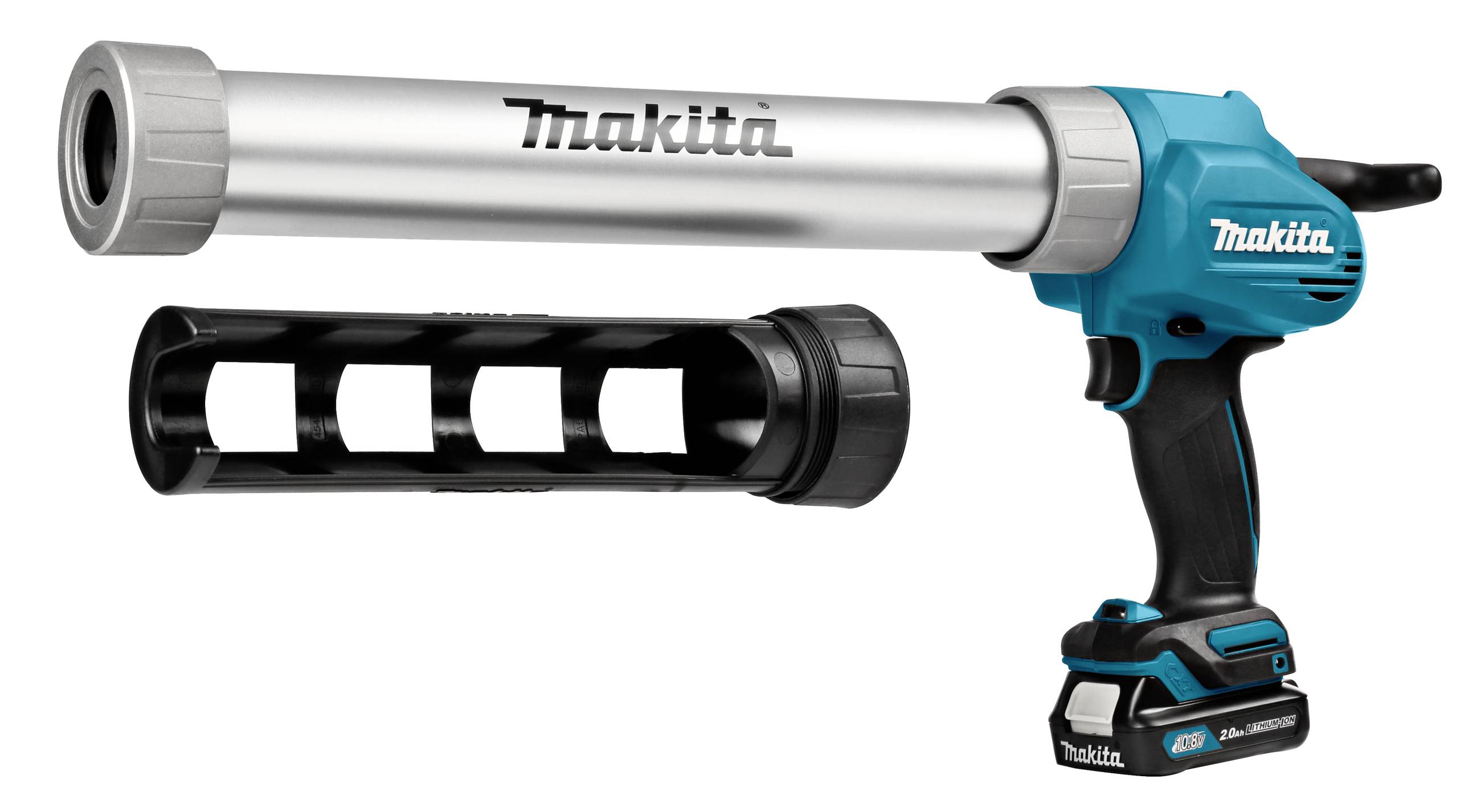 A blue, battery-powered Makita cartridge gun next to a black cartridge holder, suitable for sealant applications.