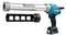 A blue, battery-powered Makita cartridge gun next to a black cartridge holder, suitable for sealant applications.