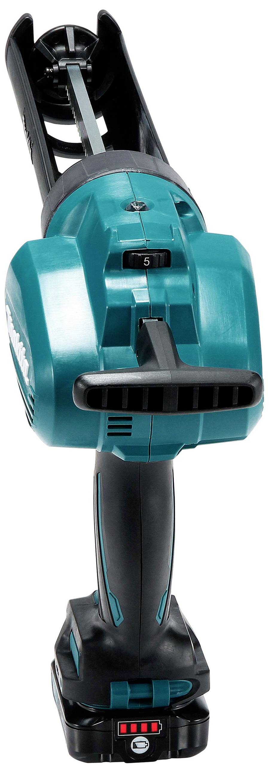 A green electric floor or wall socket breaker with an ergonomic handle, battery light and control panel.