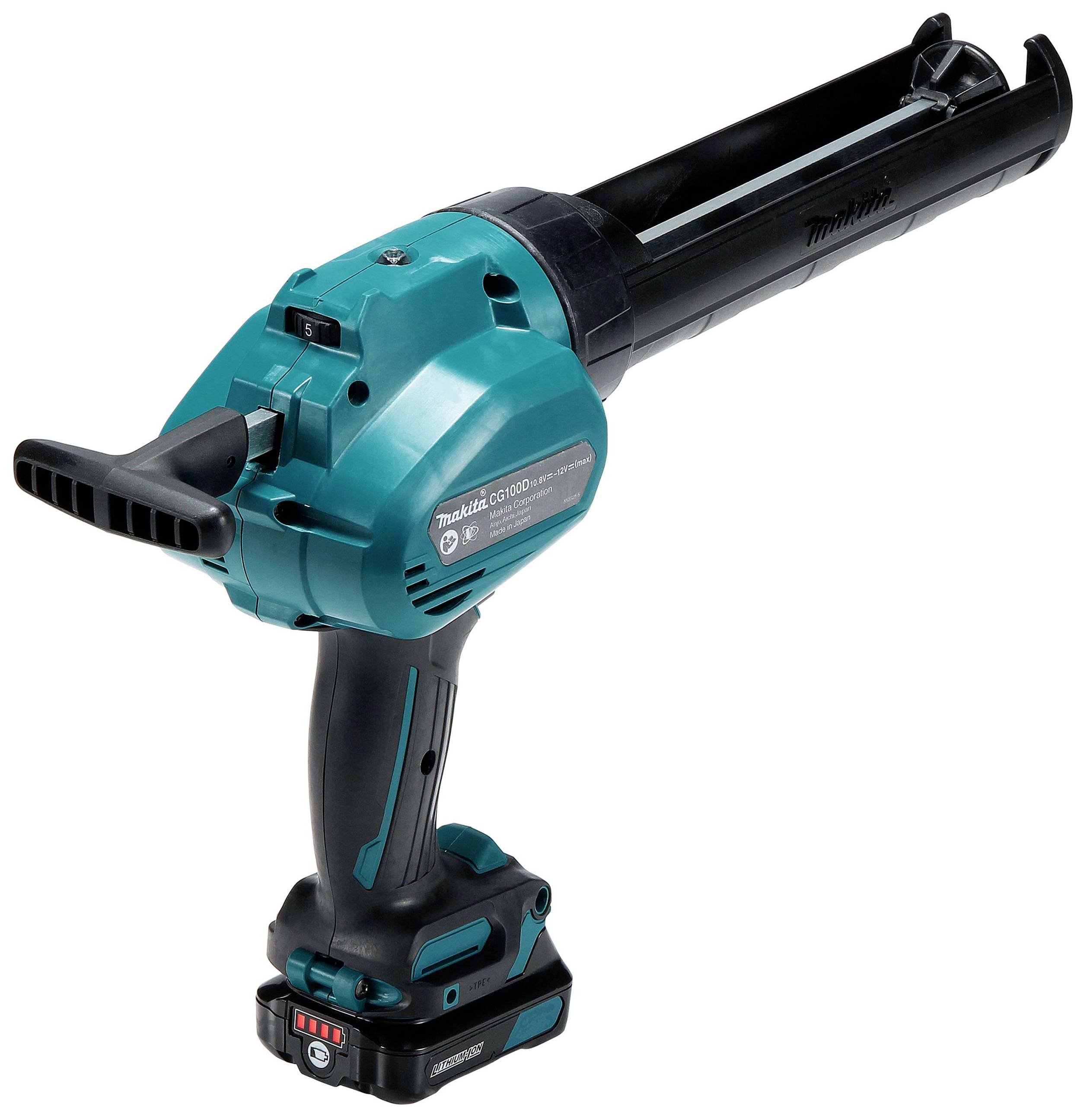 Cordless battery-powered sealant dispenser with ergonomic handle and adjustable speed for precise work.