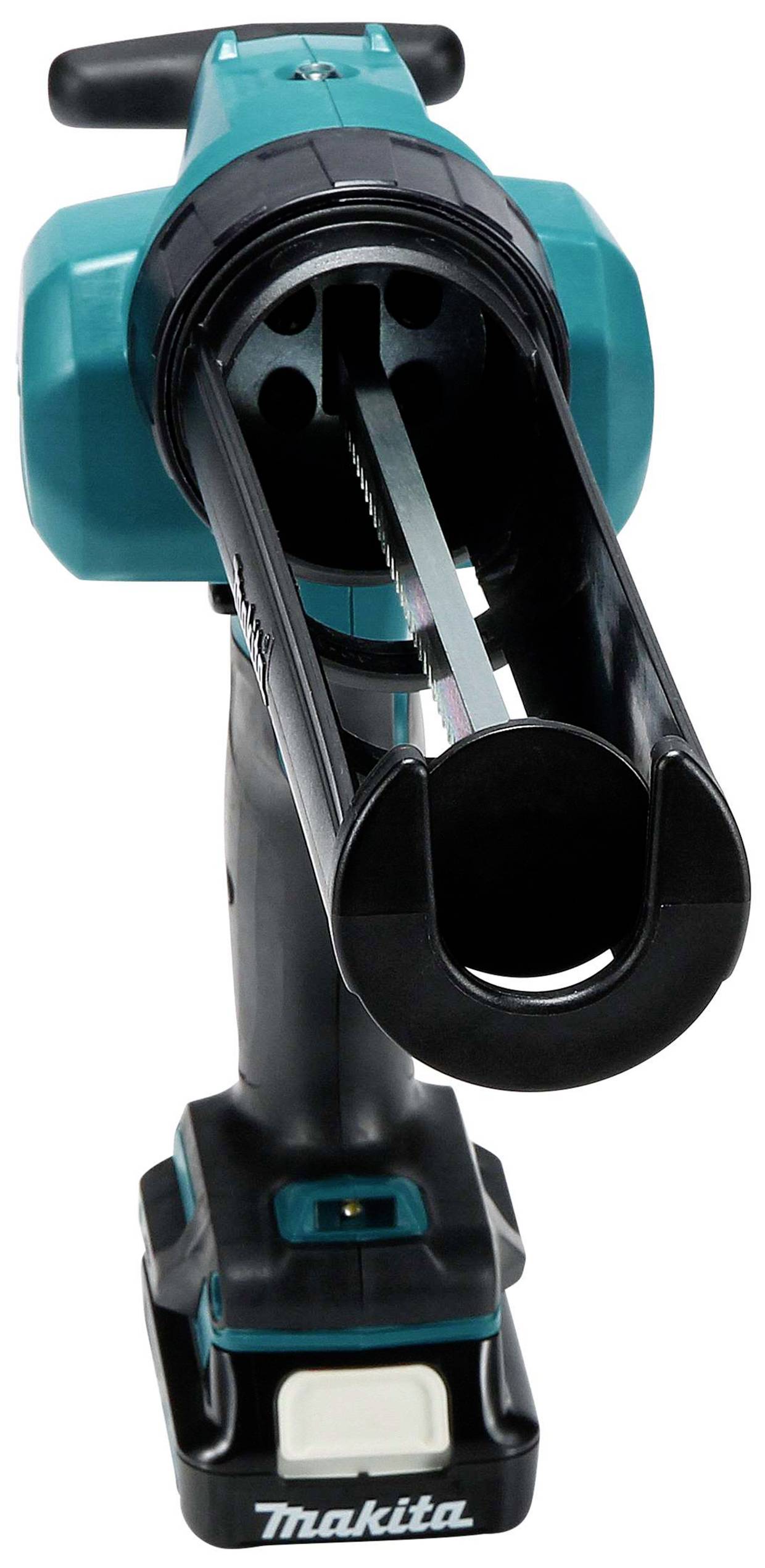 Battery-powered cartridge gun in blue and black with a long nozzle and handle, suitable for precise application of sealants.