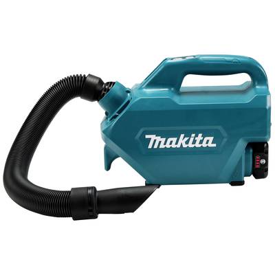 Makita Handheld Vacuum Cleaner, portable, blue, with flexible hose. The battery charge level is displayed on the side.