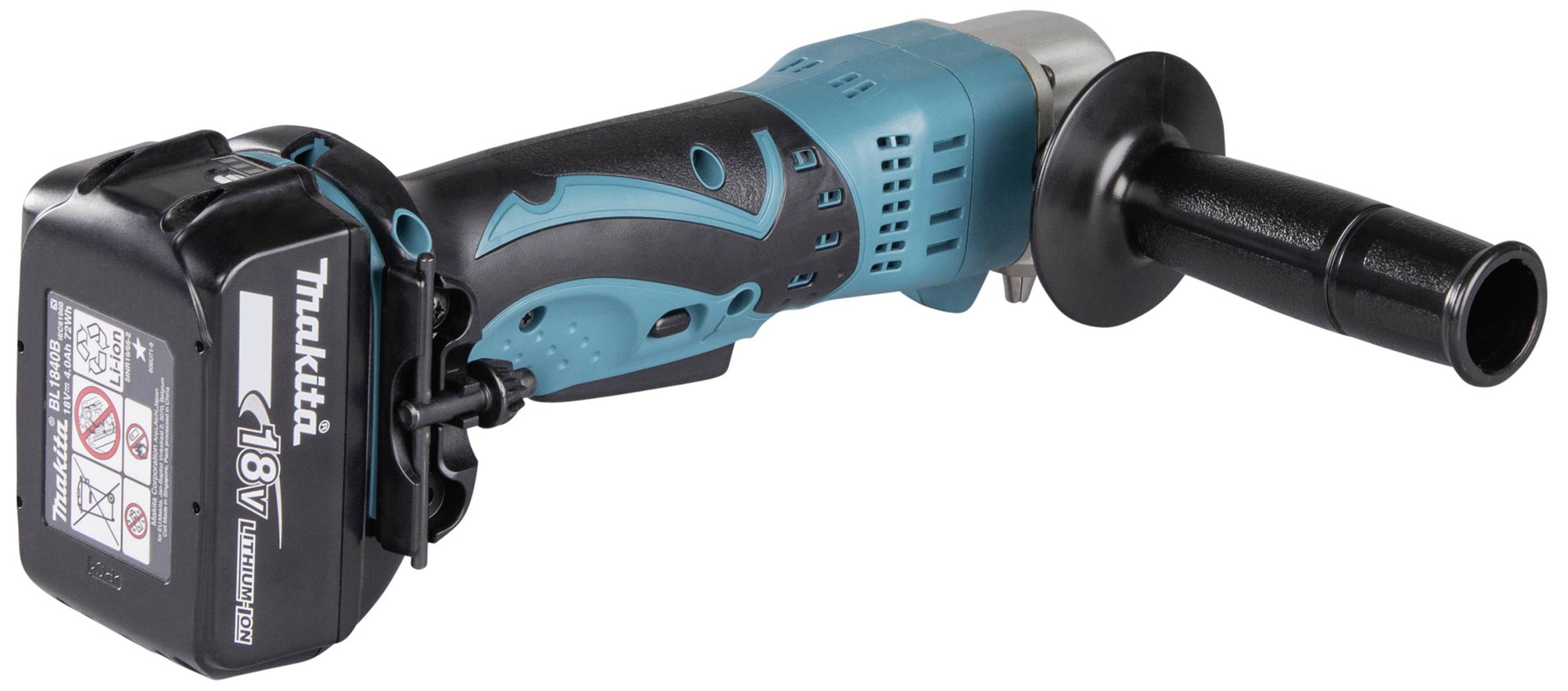 A blue, cordless angle grinder with an 18V battery, a black handle and a guard for secure handling during work.