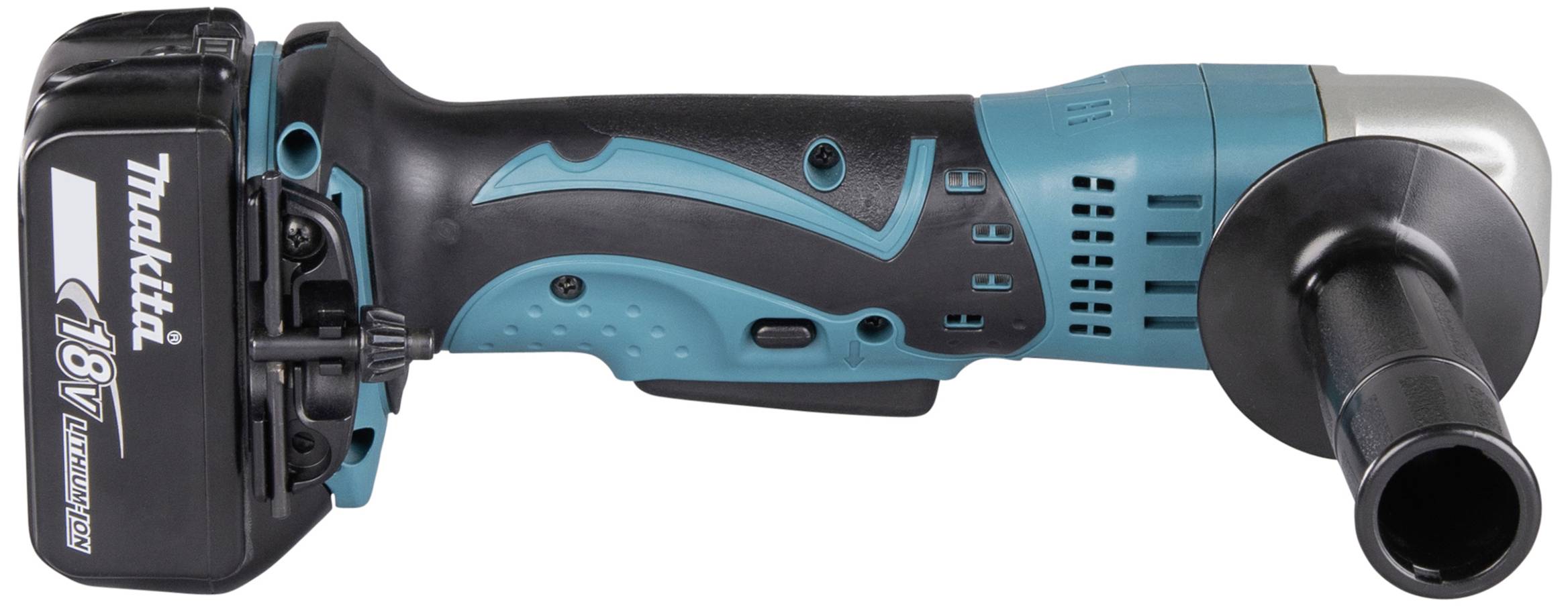 Makita 18V cordless angle grinder, with side handle. Suitable for various grinding and cutting tasks.<br><br>Translation to British English:<br>Makita 18V battery-powered angle grinder, with side handle. Suitable for various grinding and cutting work.