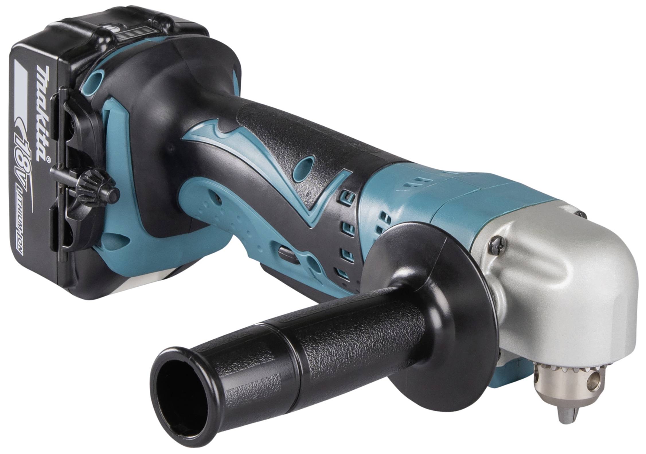 A battery-powered angle grinder in black and turquoise with an ergonomic handle and 18V battery, suitable for grinding work.