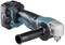 A battery-powered angle grinder in black and turquoise with an ergonomic handle and 18V battery, suitable for grinding work.