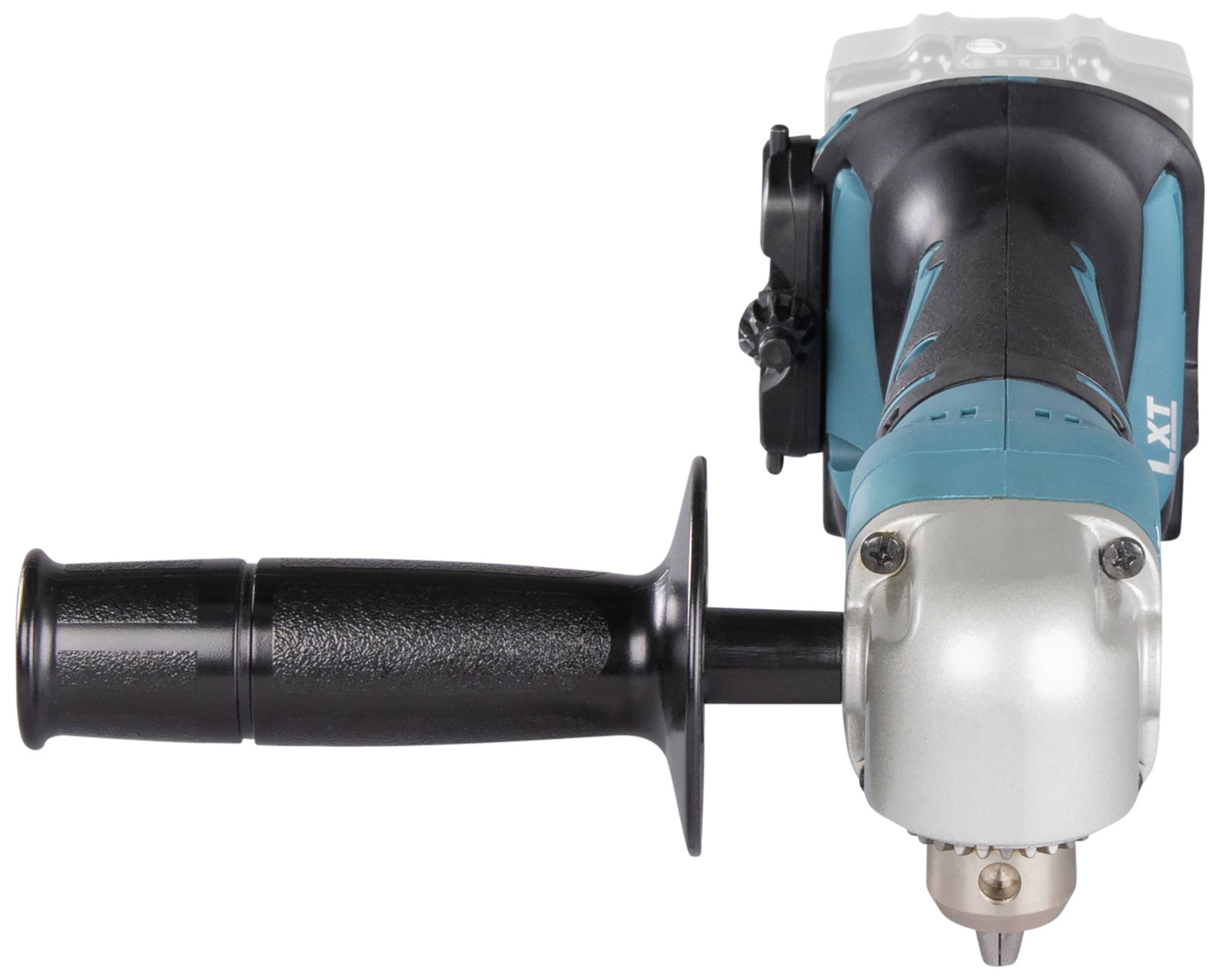 An electric hand drill with a blue casing and black handle, viewed from the front, on a white background.