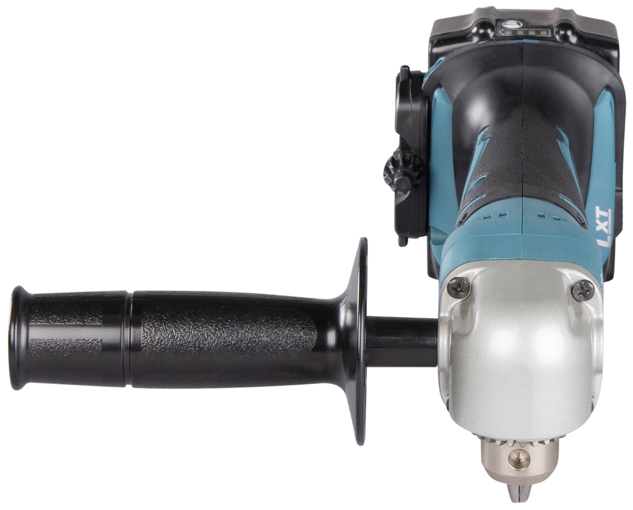 Cordless drill with an ergonomic handle and robust casing; the chuck section is visible in the front view.