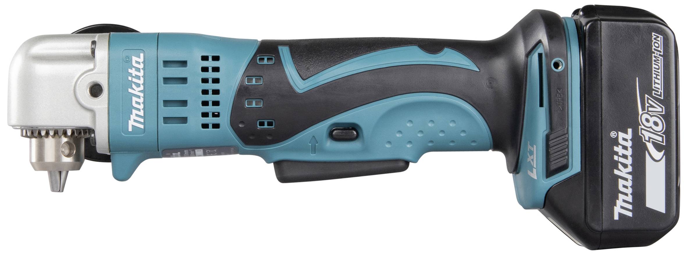 A cordless angle grinder by Makita, model with 18V lithium-ion battery, blue and black, suitable for hard-to-reach areas.