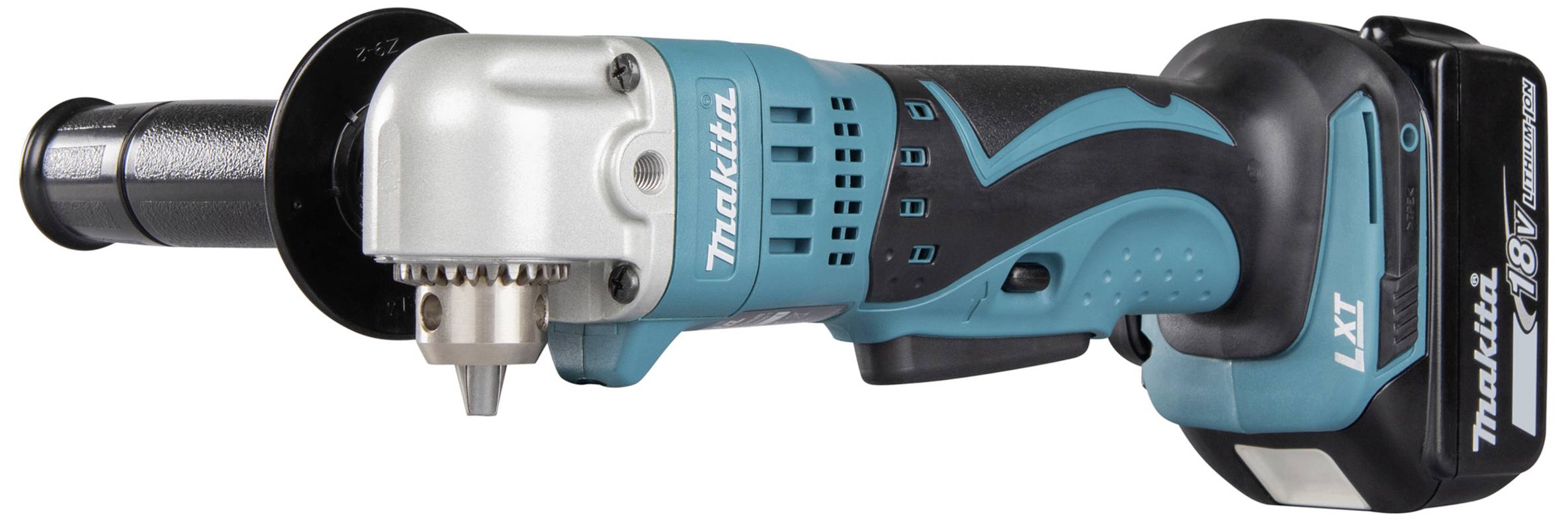 A cordless angle drill with an ergonomic handle, identifiable by the manufacturer's logo, suitable for hard-to-reach areas.