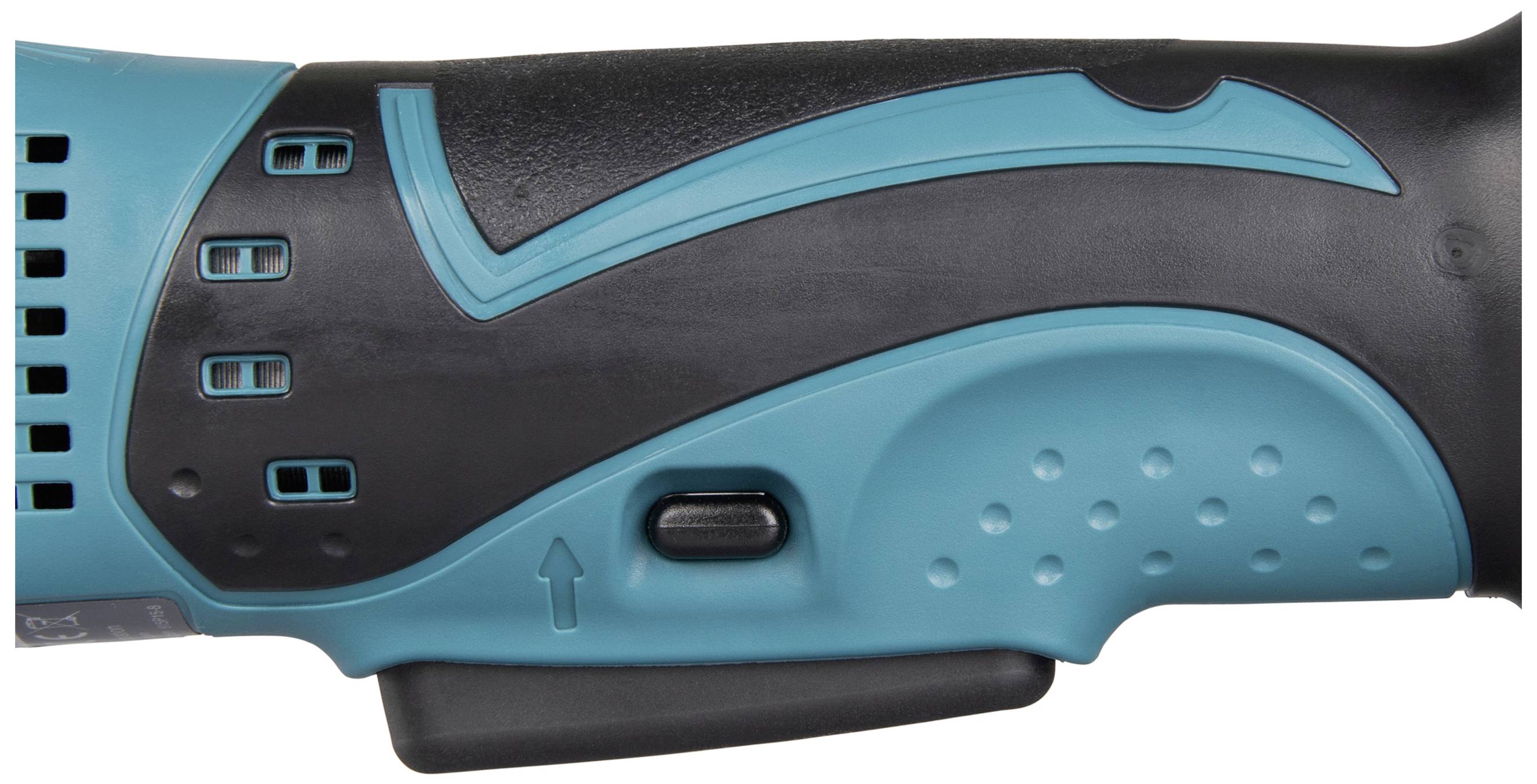 A close-up of an electric tool, with the handle area featuring black and turquoise details, and a switch located in the centre.
