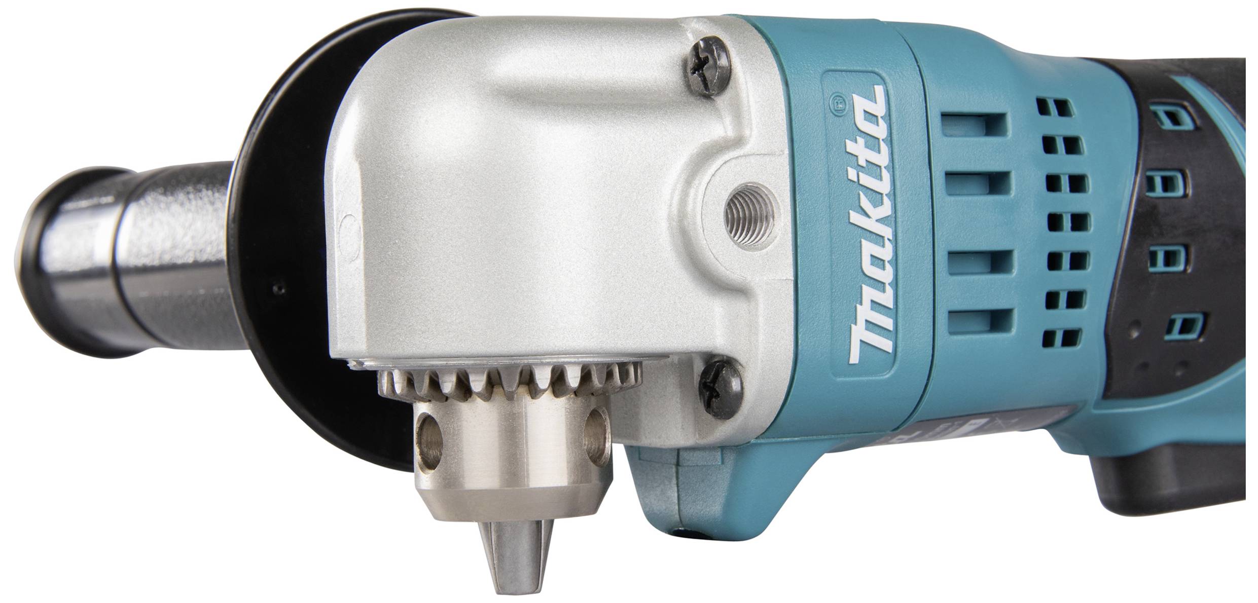 A blue Makita drill with an attached drill bit, side handle, and ventilated casing, ready for use.