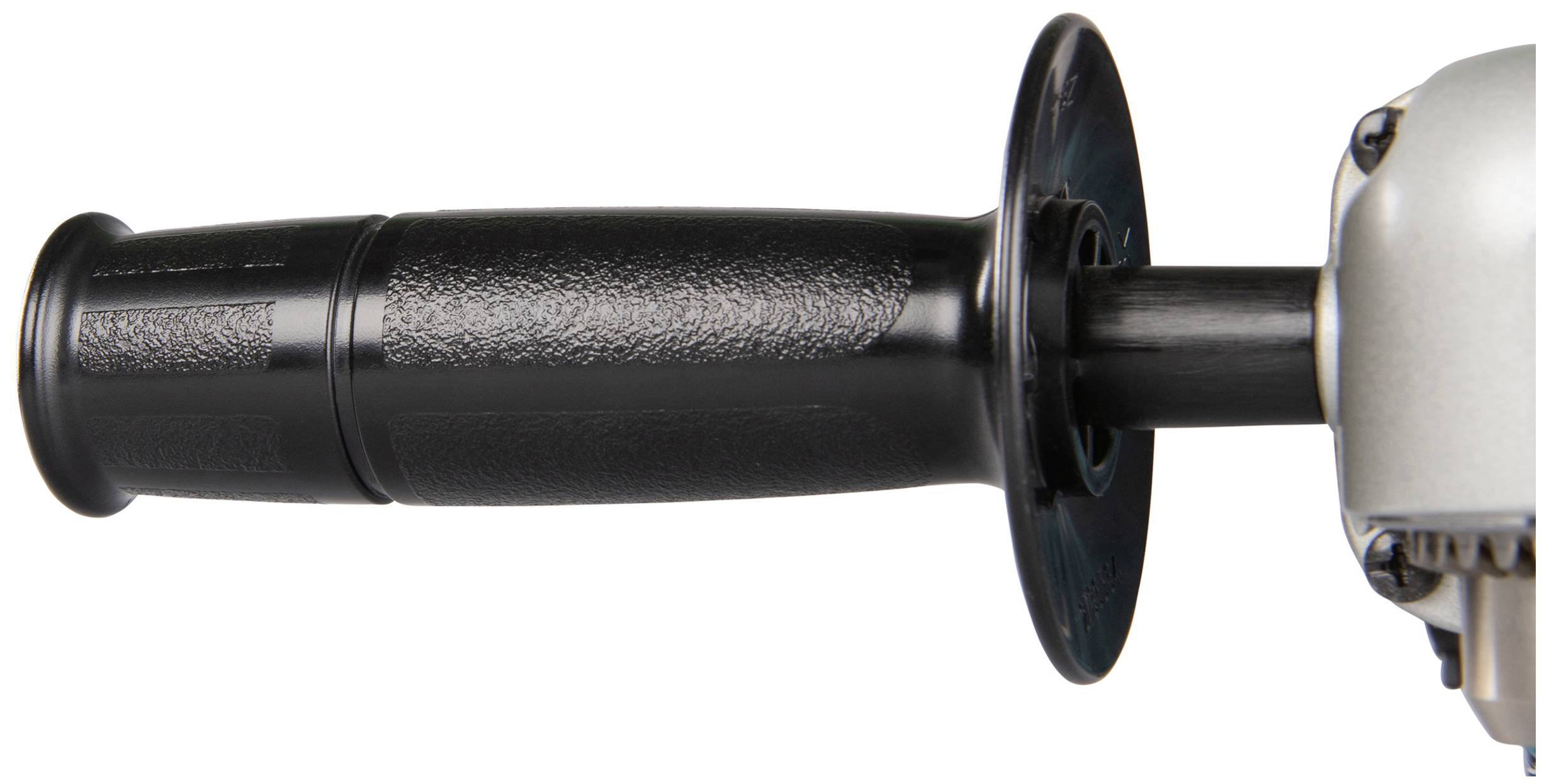 Close-up of a black tool handle with a round protective shield.