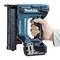 A hand is holding a cordless blue Makita nail gun. The nail gun has a black base and is used for construction work.