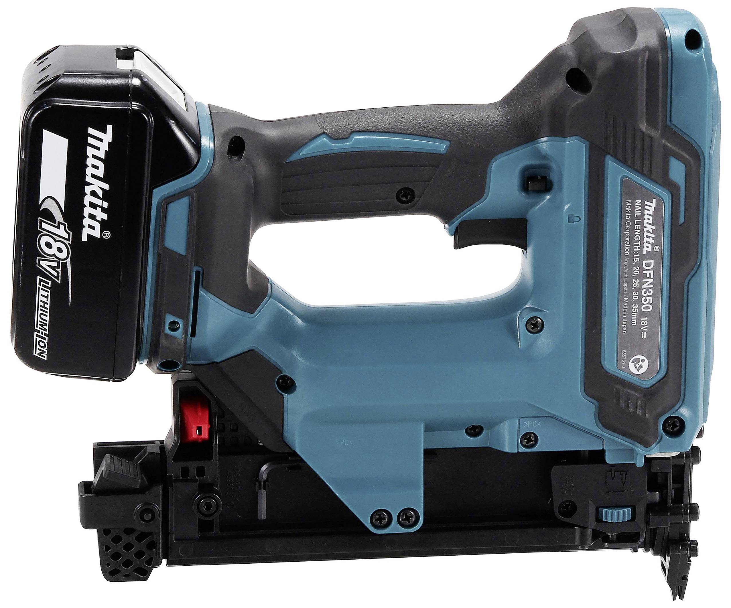 Cordless blue nail gun with a black handle and 18V lithium-ion battery, suitable for woodworking.