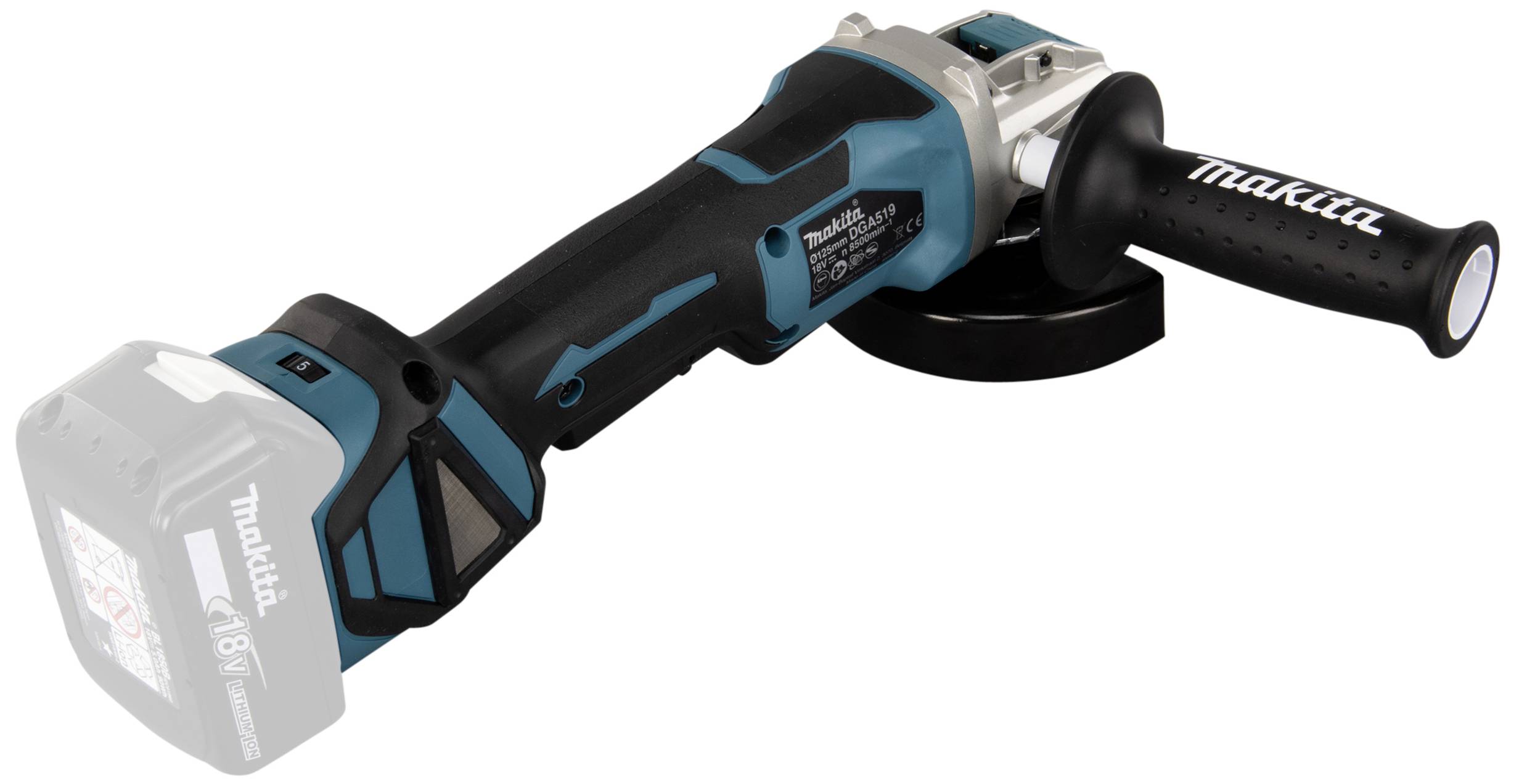A cordless angle grinder in blue and black with a handle and a removable battery.