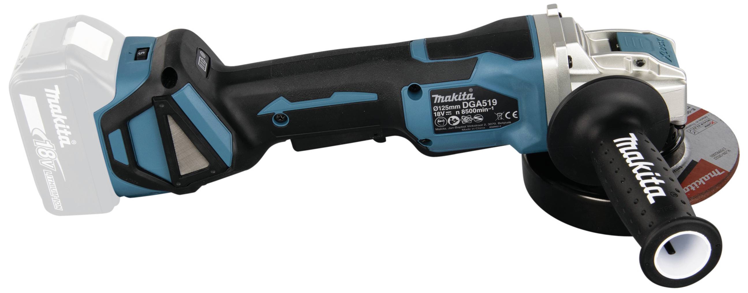 Battery-powered angle grinder in blue and black with an ergonomic handle and safety guard. Suitable for metalworking.