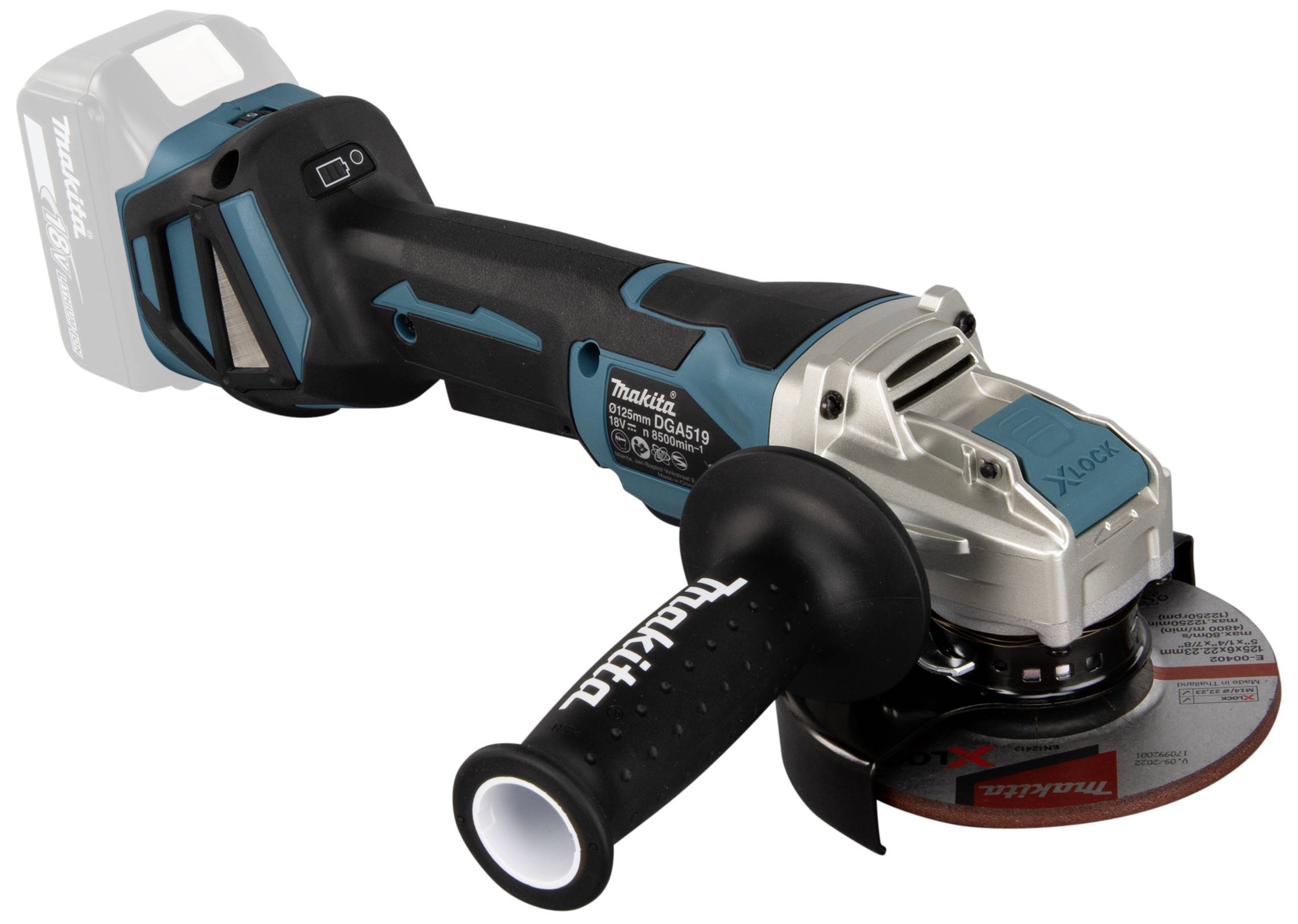 Battery-powered angle grinder with a black handle and blue casing, used for cutting and grinding materials.