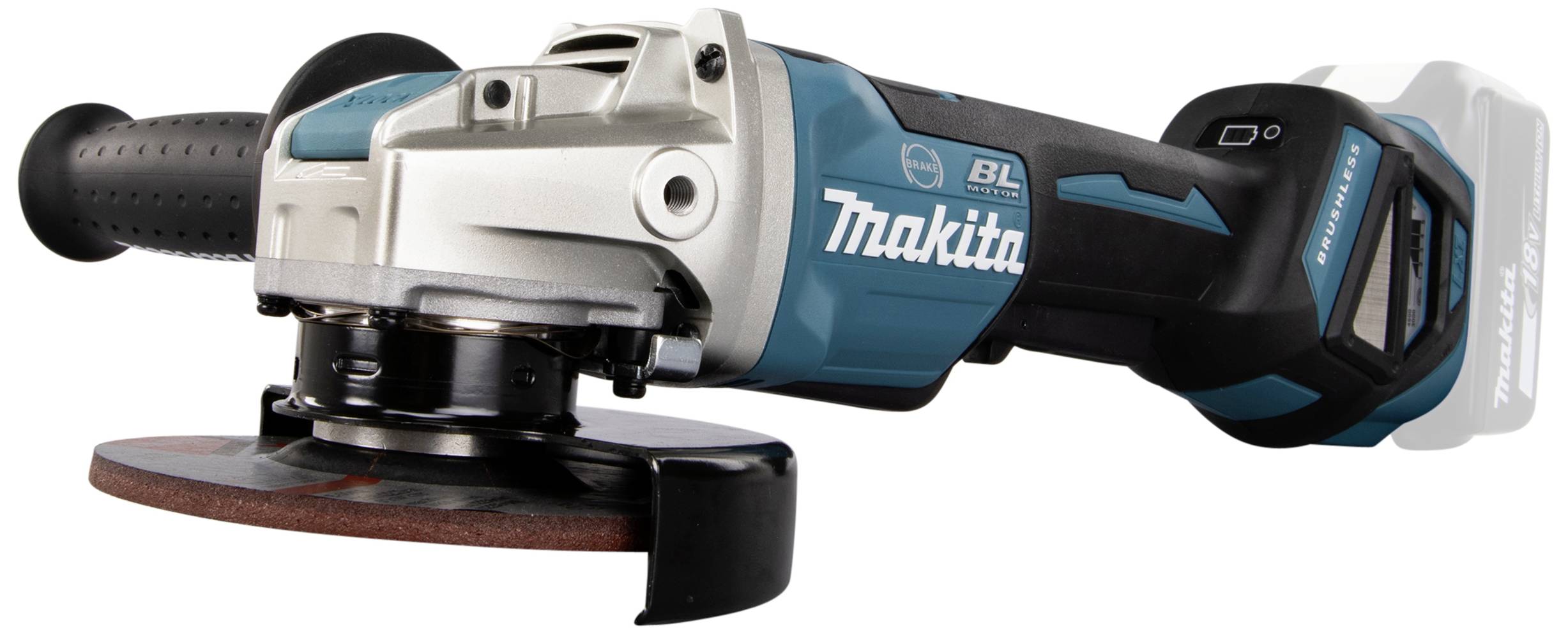 Cordless angle grinder in close-up. Blue and silver design, brand name visible. Suitable for metalwork and construction tasks.