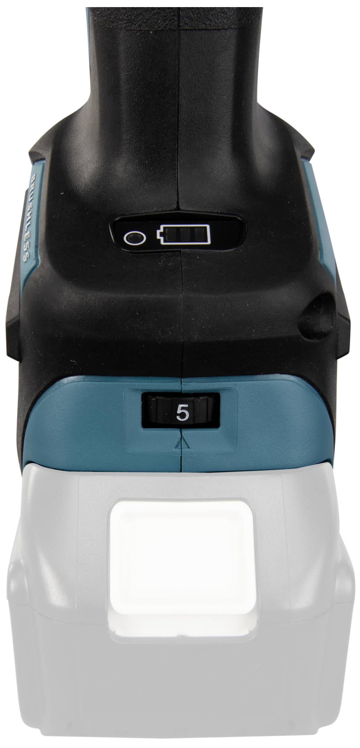 Cordless drill with digital battery level display, black handle, and blue casing.