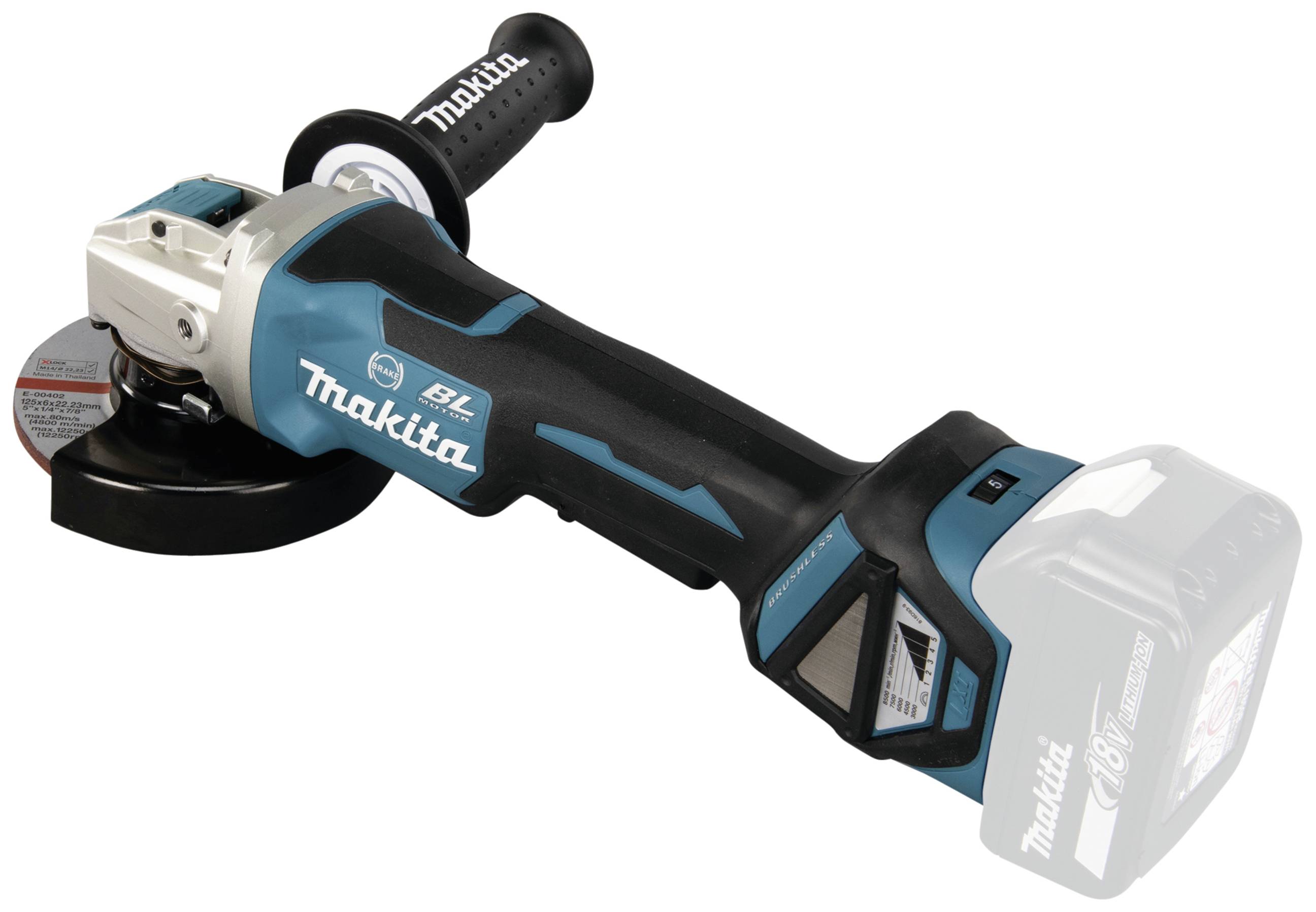 A blue, cordless angle grinder with a black handle and an attachment on the left side, marked with 'Makita'.