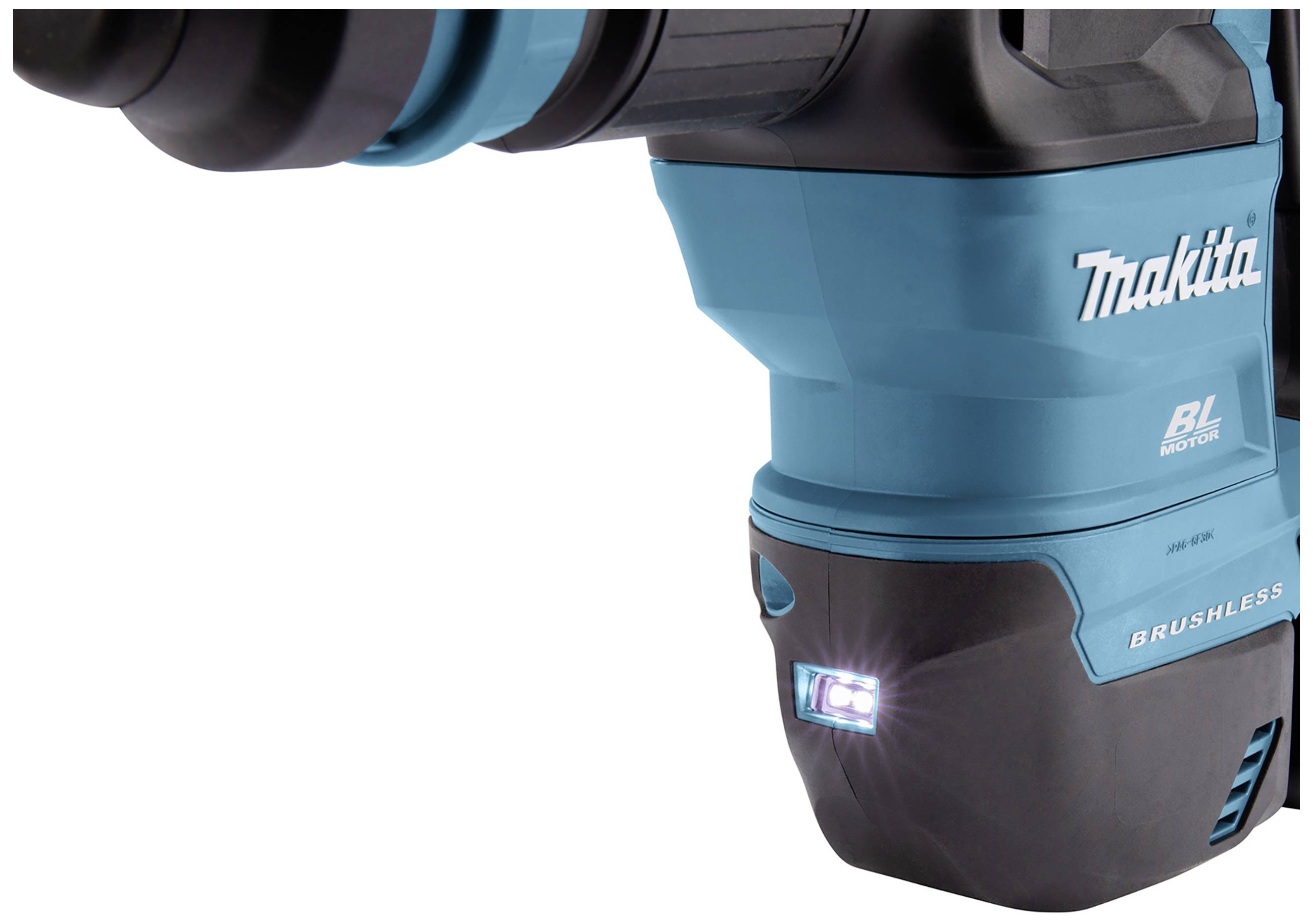 Electric tool in blue with the inscription 'Makita', showing the lower handle section with illuminated LED area.