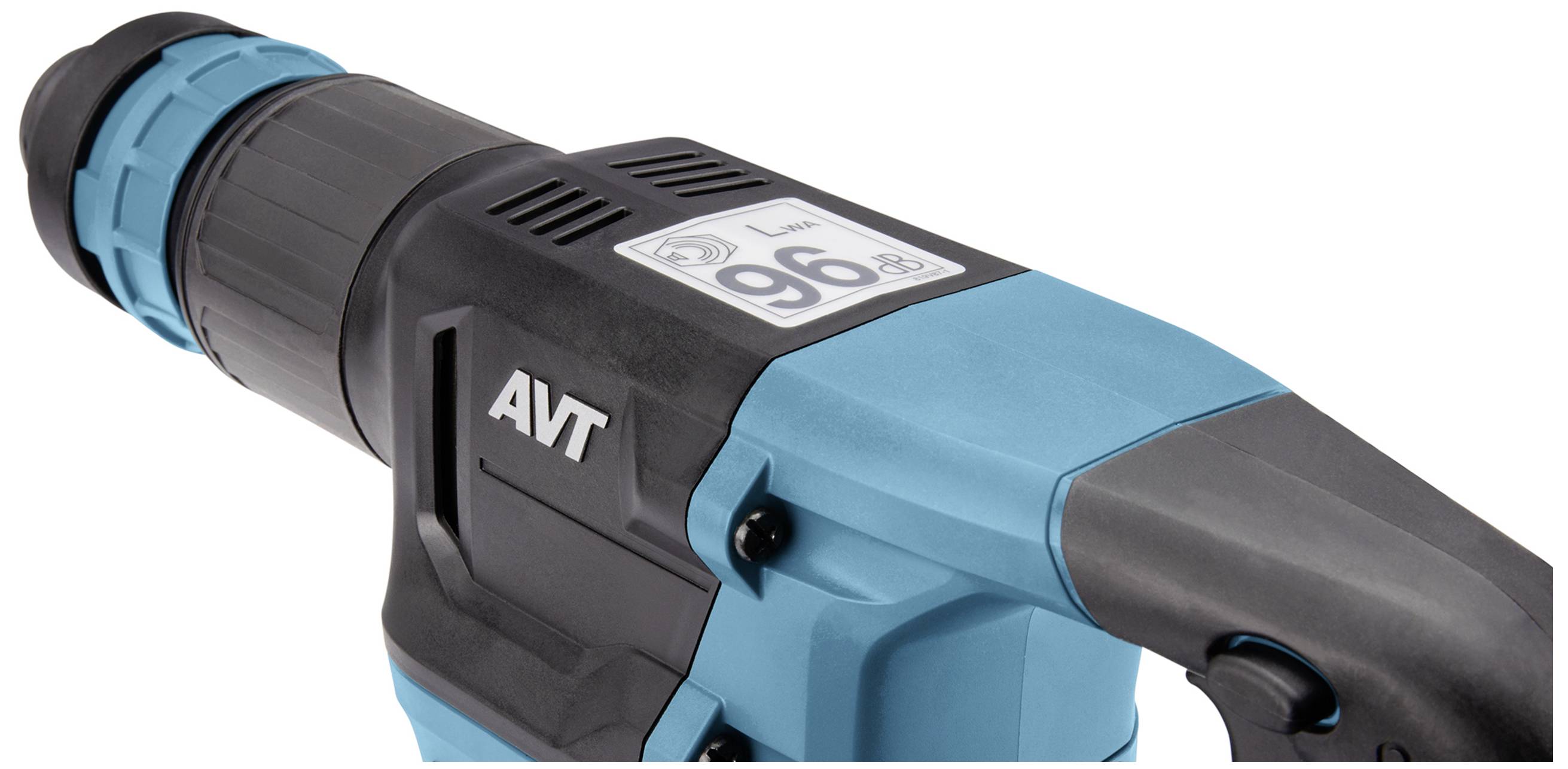 A blue AVT drill hammer with a sticker displaying '96 dB'.