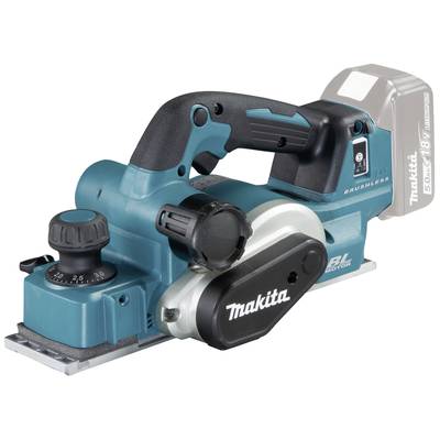 A blue Makita cordless planer with an ergonomic handle and adjustable planing depth. Device suitable for precise woodworking.
