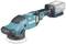 Cordless blue angle grinder with battery from Makita, side view. Ideal for polishing and grinding work.