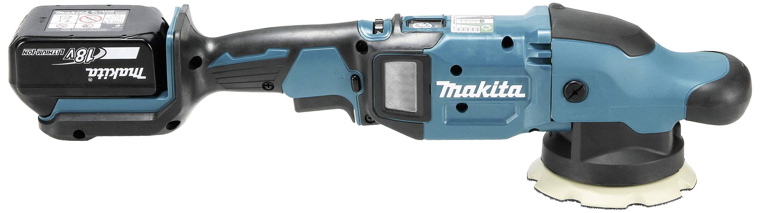 A cordless, blue-black Makita grinding tool with battery, suitable for polishing work.