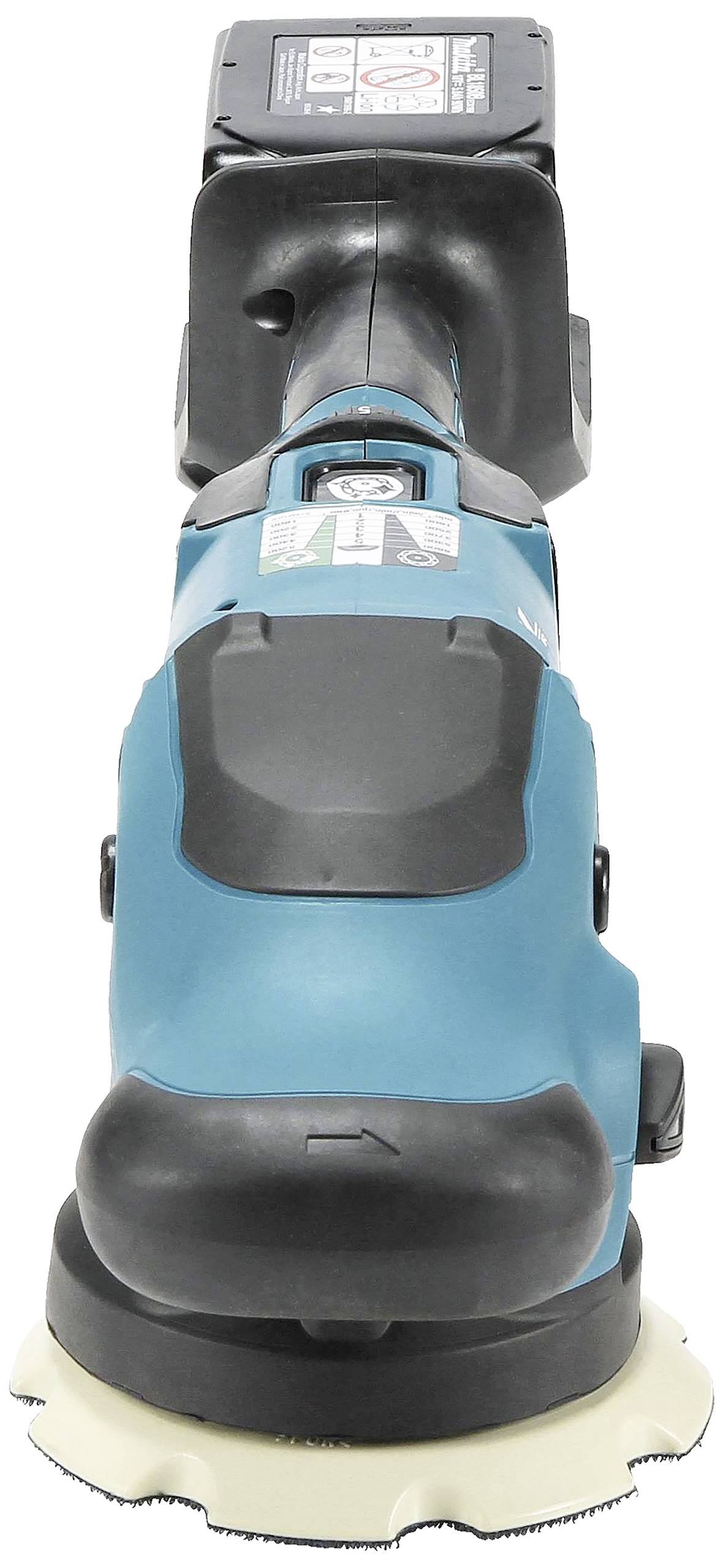 Cordless drill polisher with a blue casing and black handle. Battery compartment on top. Suitable for polishing work on various surfaces.