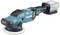 Cordless angle grinder by Makita with a blue and black housing and a bright white grinding disc.