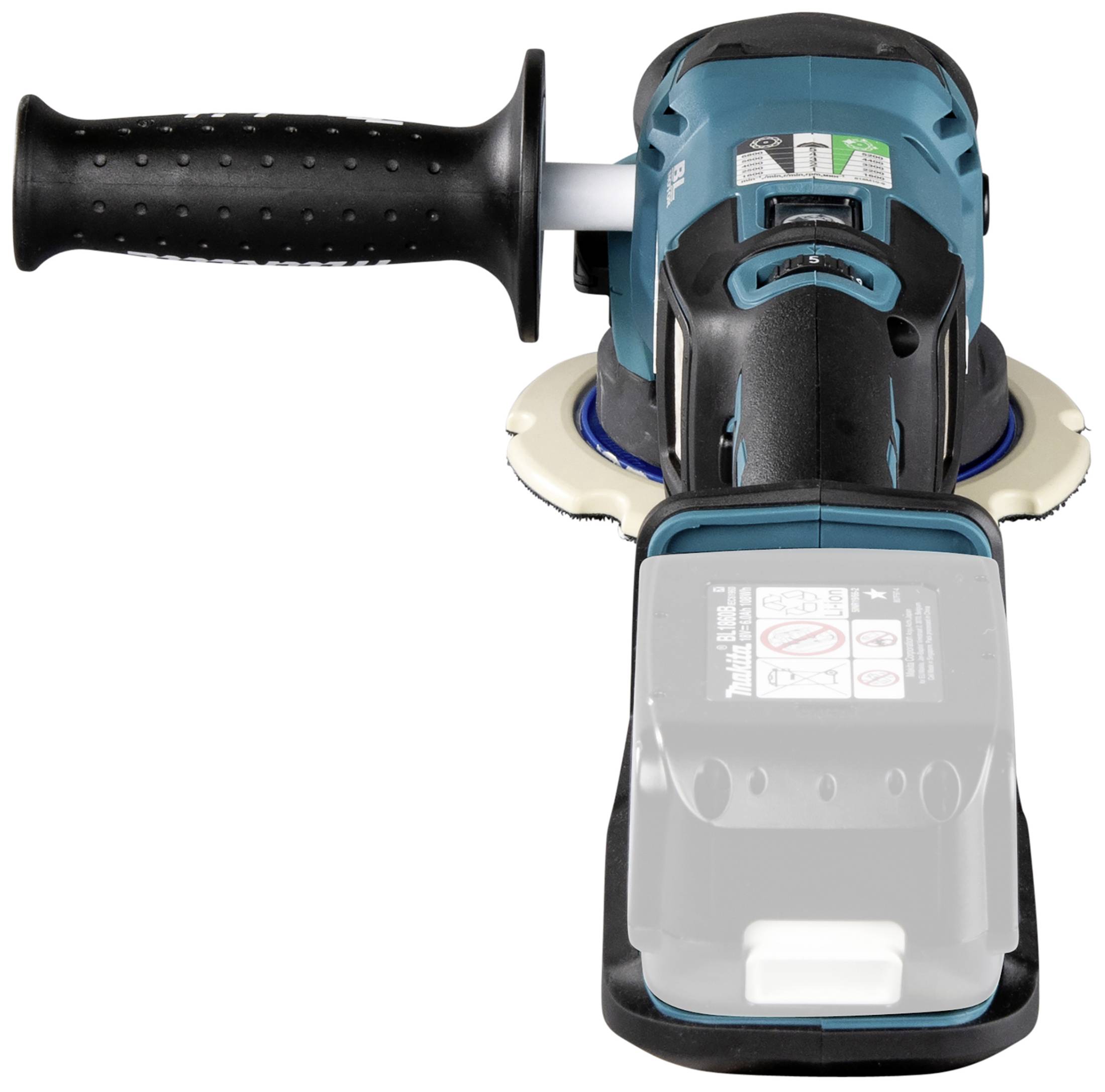Battery-powered angle grinder with ergonomic handle, black protective cover, and blue housing colour.