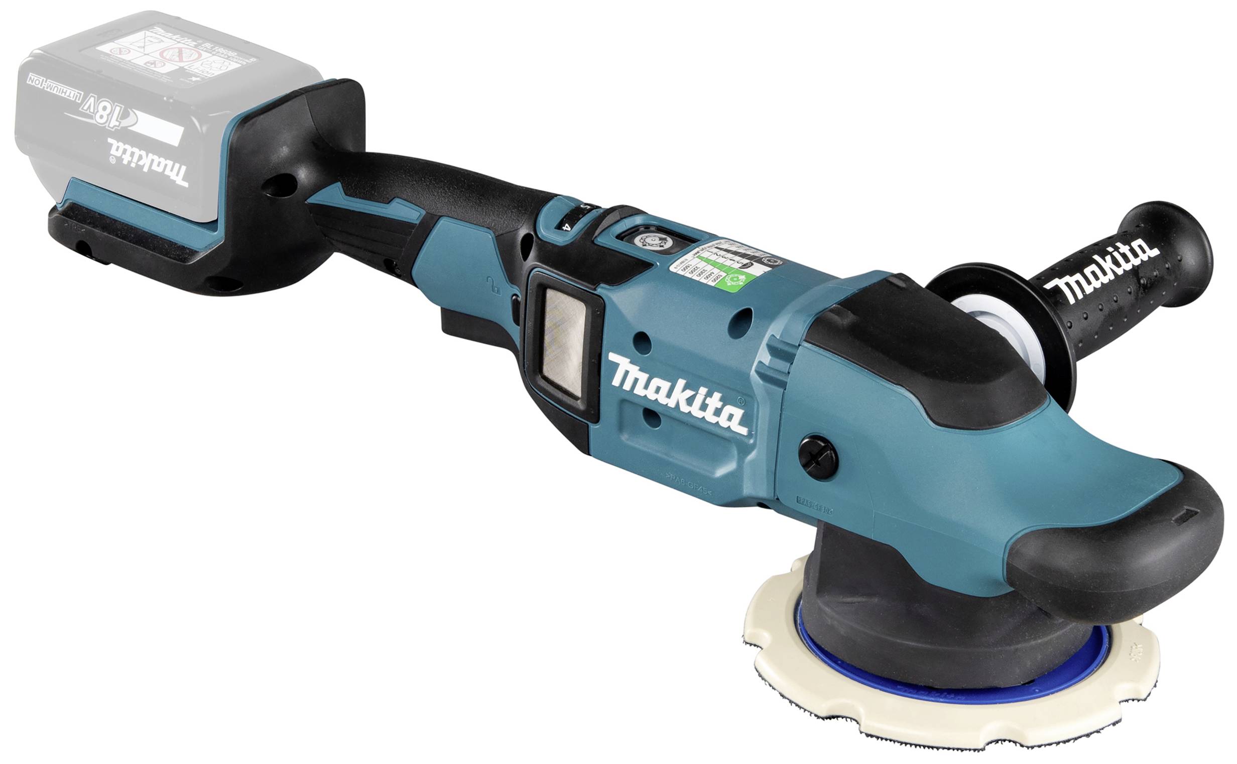 A blue Makita cordless polishing machine with a black handle and a flat, round polishing pad.