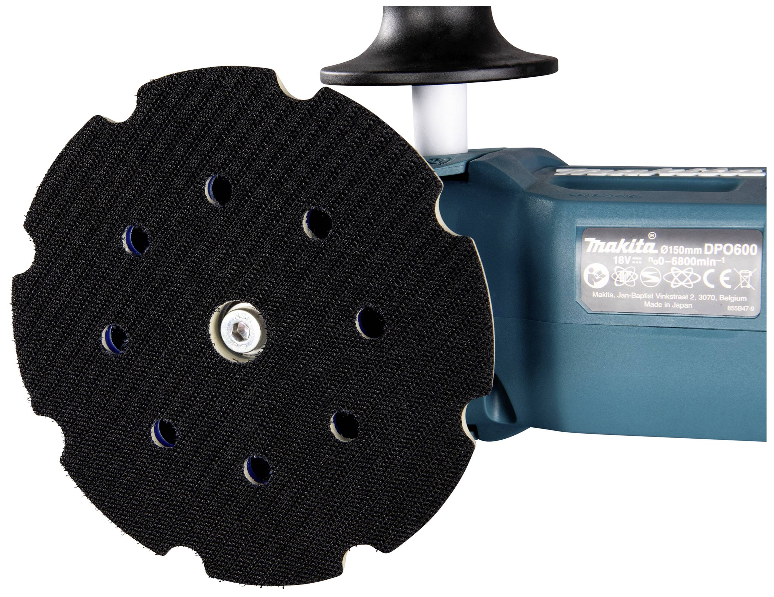 A black, round electric grinder suitable for grinding work. Device by Makita, model number DP0600.