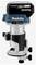 A cordless, blue Makita 18V lithium-ion router motor with rotary control and battery on top, suitable for precise woodworking.