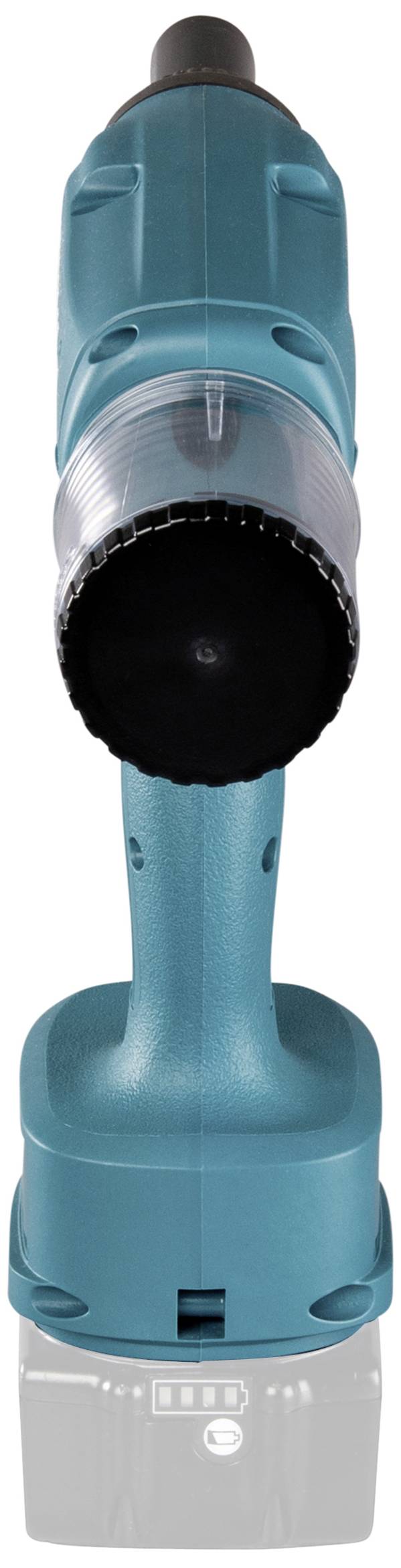 A blue, battery-powered drill driver from the front, focused on the chuck.