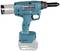 A cordless, turquoise electric tool with an ergonomic handle, identifiable as a Makita battery-powered riveting tool.