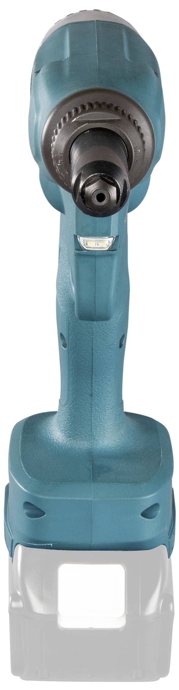 Electric drill driver, blue, front view, without battery.<br><br>Note: This is already in British English, so no significant changes were needed. The translation maintains the original technical description precisely.