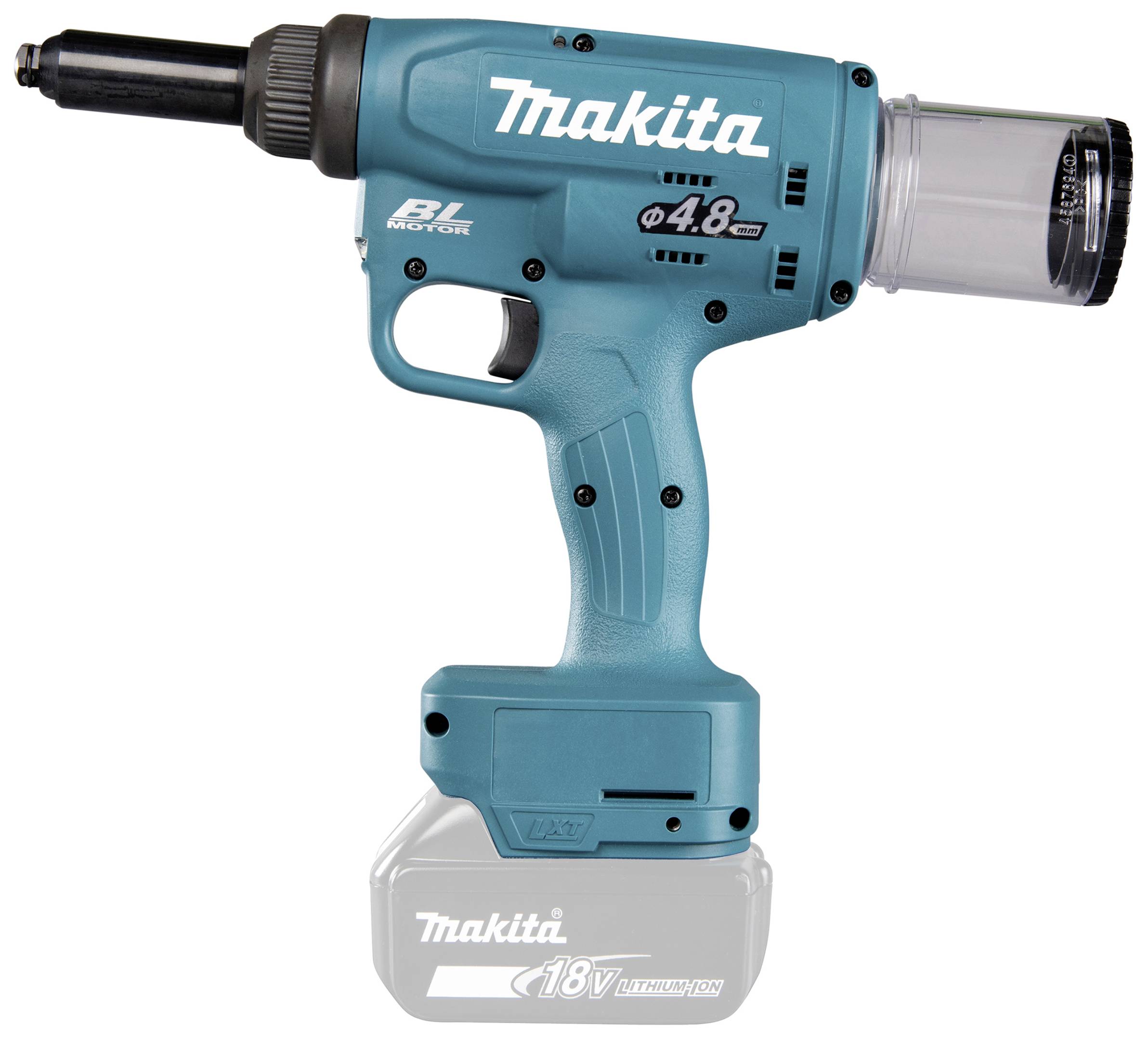 Cordless electric rivet gun in blue with ergonomic handle and transparent collection container.