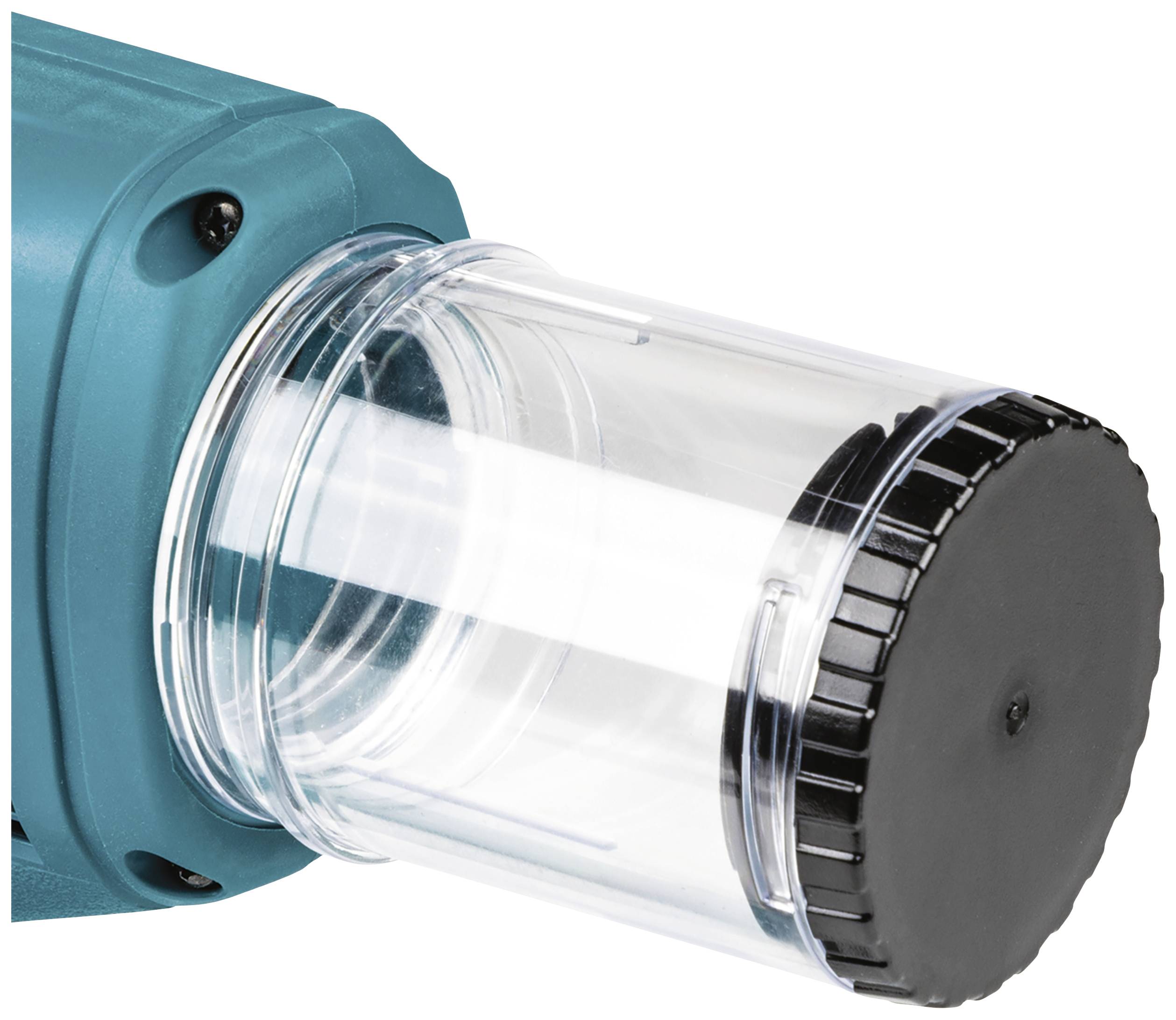 Close-up of a transparent plastic container with a black lid connected to a blue electric tool.