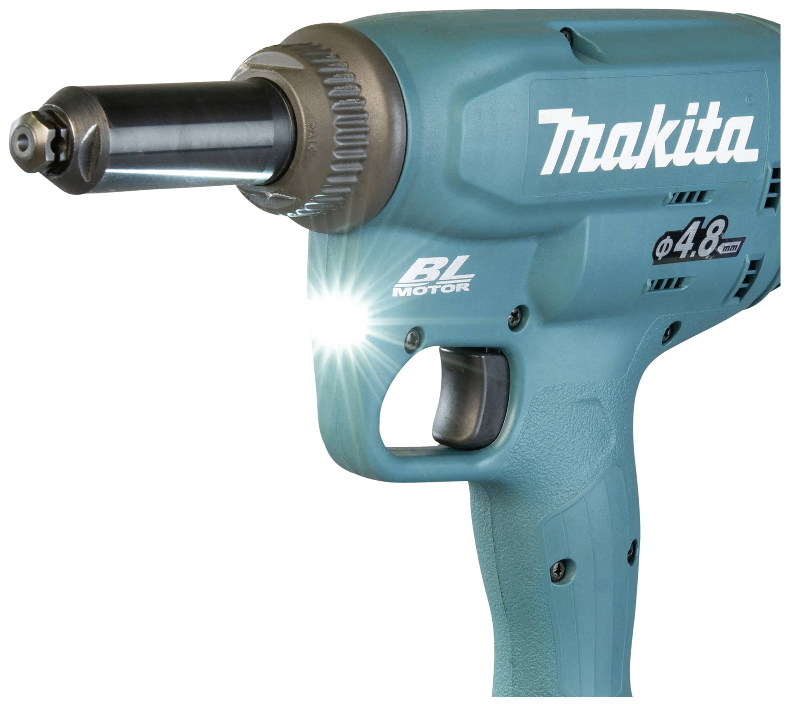 An electric, turquoise pneumatic screwdriver with an ergonomic handle and a bright LED light at the front.