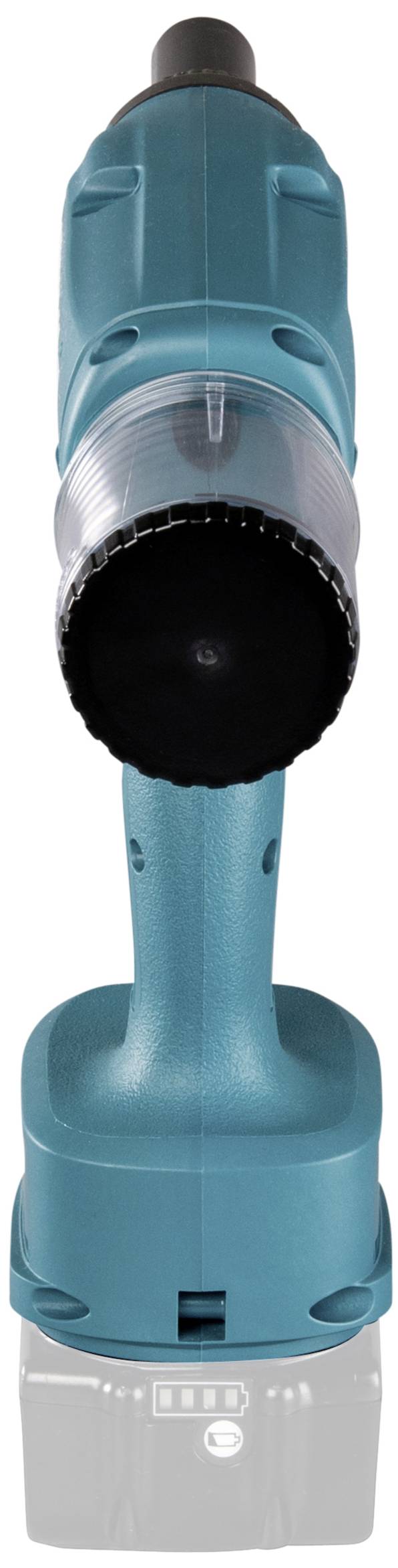 A cordless, upright drill driver in teal, viewed from the front.