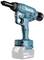 A blue, cordless electric tool with a battery. It has an ergonomic grip and is designed for precise drilling work.