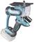 A Makita cordless saw tool in blue and black with a transparent protective housing and battery insertion at the bottom.