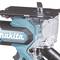 A blue, electric Makita jigsaw with a grey saw blade, suitable for precise sawing of wood and other materials.